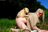 Пирсингованная блондинка подставила пизду собаке в траве